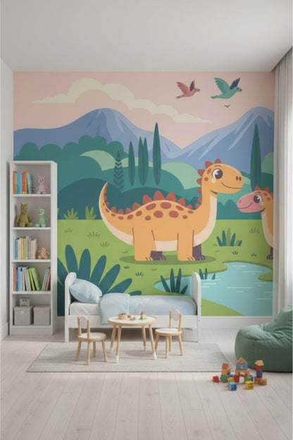 Dino Friends Valley - Watercolor Dinosaurs Accent Wall Mural Wallpaper - Recoat
