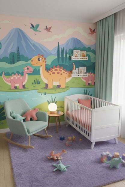 Dino Friends Valley - Watercolor Dinosaurs Accent Wall Mural Wallpaper - Recoat