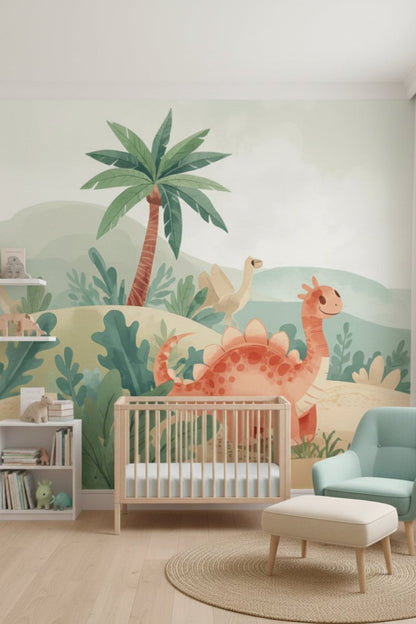 Dino Valley - Watercolor Dinosaurs Accent Wall Mural Wallpaper - Recoat