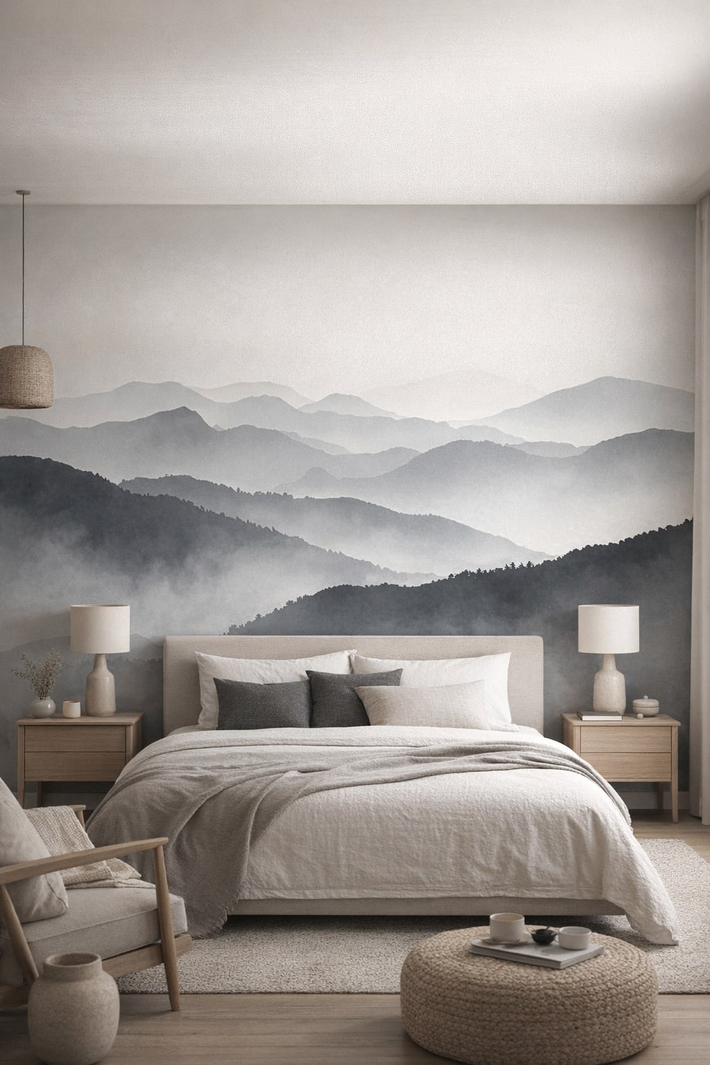 Zen neutral misty mountains featuring fog layers - Wall Mural Peel and Stick Wallpaper for Zen Master Bedroom.