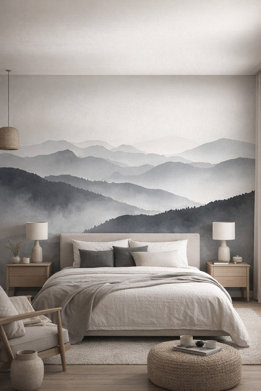Zen neutral misty mountains featuring fog layers - Wall Mural Peel and Stick Wallpaper for Zen Master Bedroom.