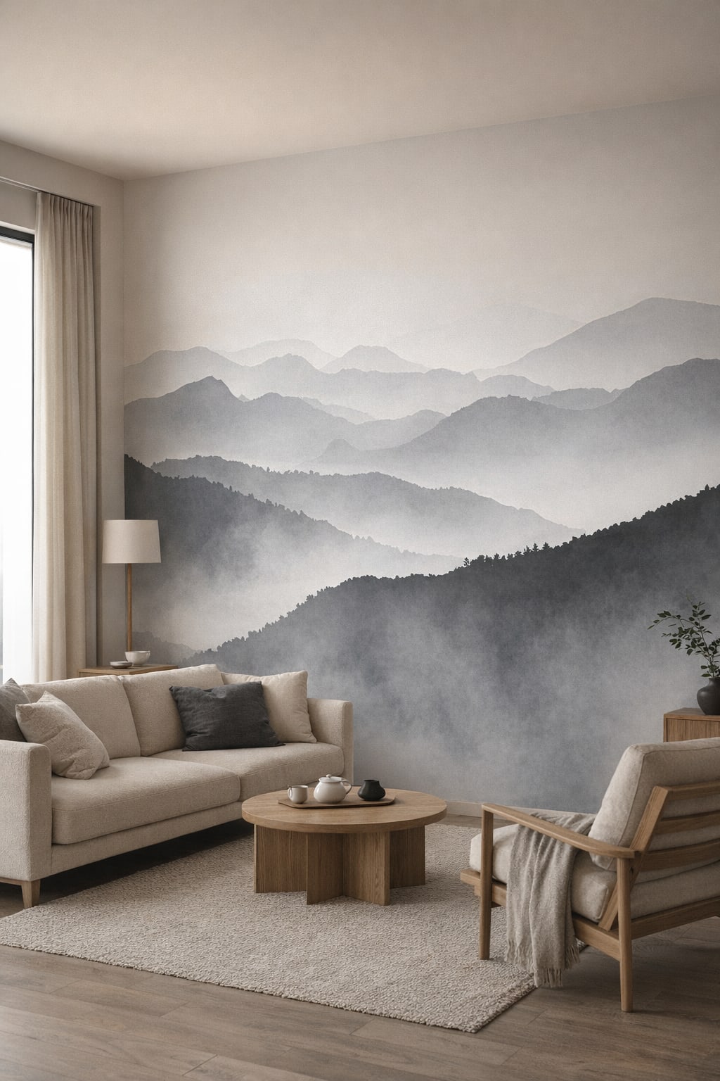 Japandi sand-toned misty mountains featuring fog layers - Wall Mural Peel and Stick Wallpaper for Japandi Living Room.