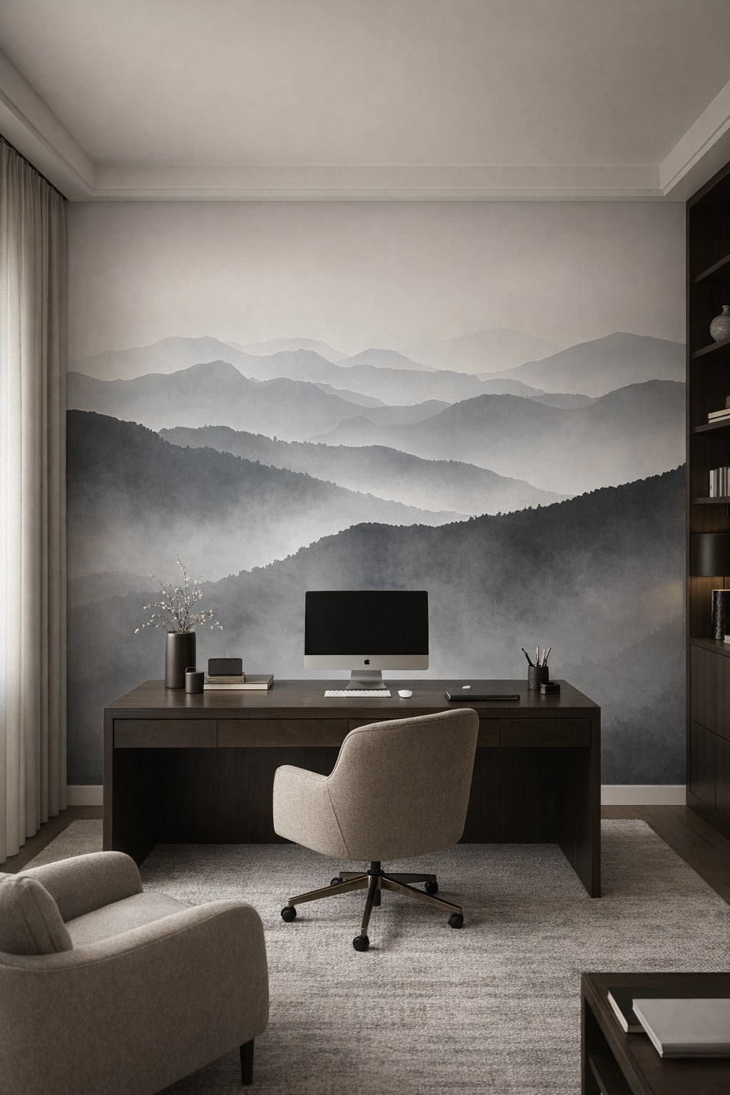 Quiet Luxury greige misty mountains featuring fog layers - Wall Mural Peel and Stick Wallpaper for Quiet Luxury Executive Home Office.