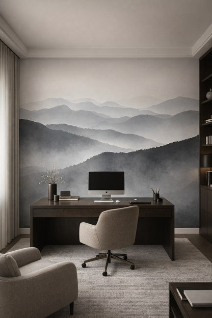 Quiet Luxury greige misty mountains featuring fog layers - Wall Mural Peel and Stick Wallpaper for Quiet Luxury Executive Home Office.