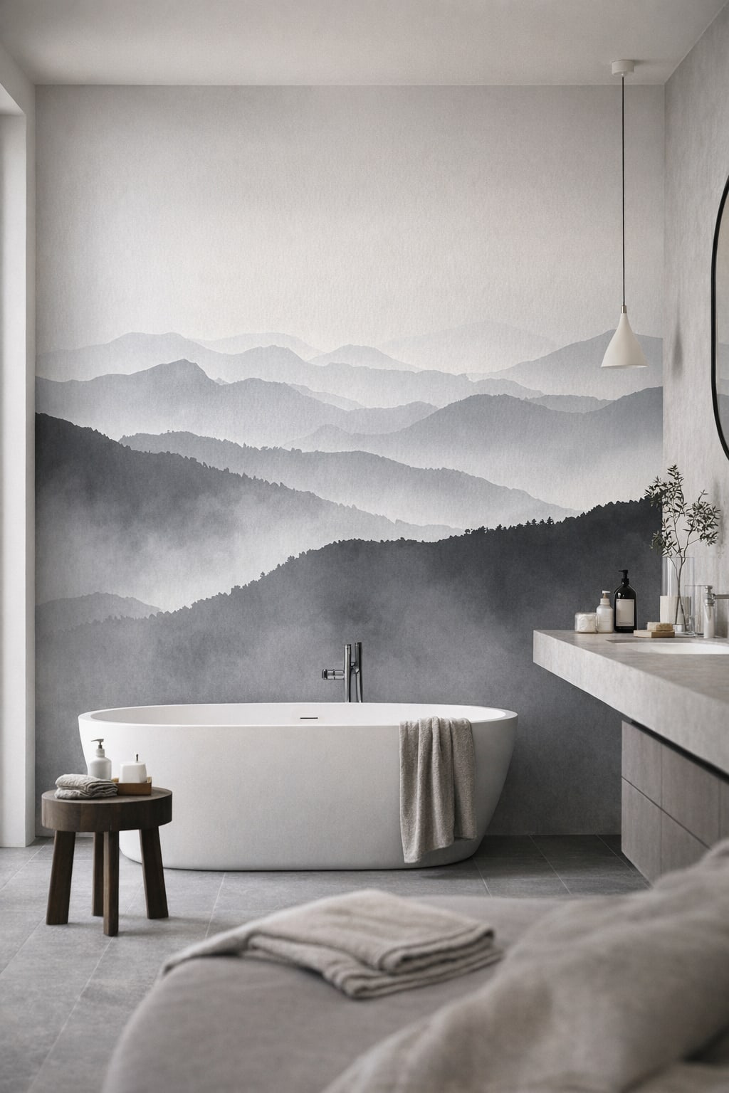 Minimalist gray-toned misty mountains featuring fog layers - Wall Mural Peel and Stick Wallpaper for Minimalist Luxury Bathroom.