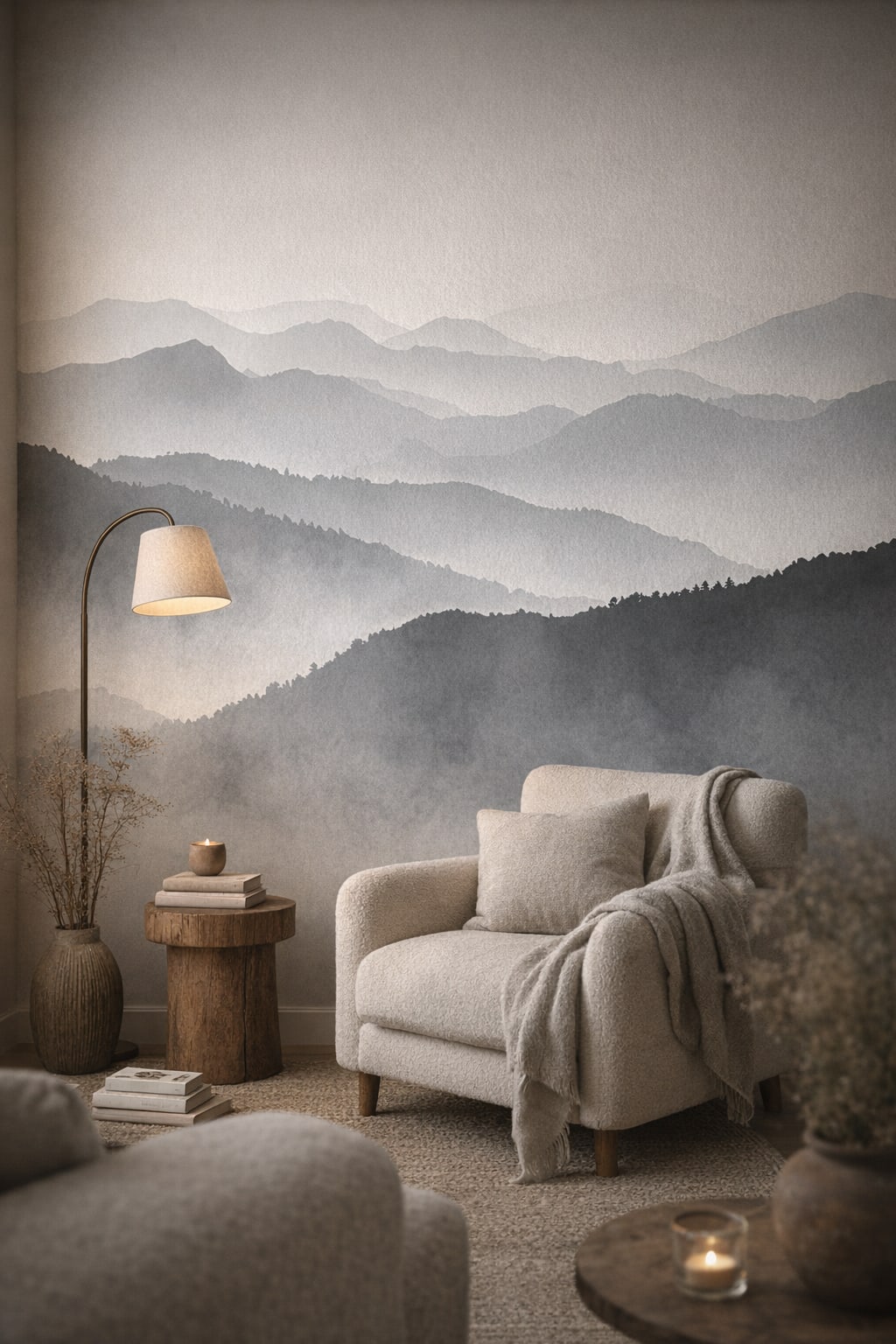 Wabi-sabi muted earth tones misty mountains featuring fog layers - Wall Mural Peel and Stick Wallpaper for Wabi-sabi Reading Corner.