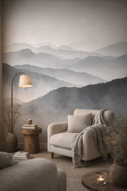 Wabi-sabi muted earth tones misty mountains featuring fog layers - Wall Mural Peel and Stick Wallpaper for Wabi-sabi Reading Corner.