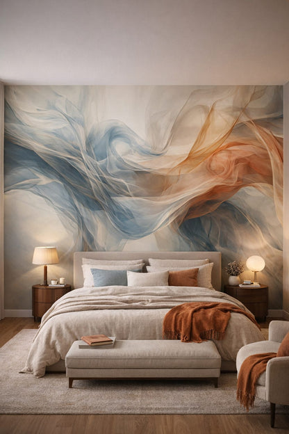 Quiet Luxury greige-toned abstract smoke featuring sheer fabric - Wall Mural Peel and Stick Wallpaper for Quiet Luxury Master Bedroom.
