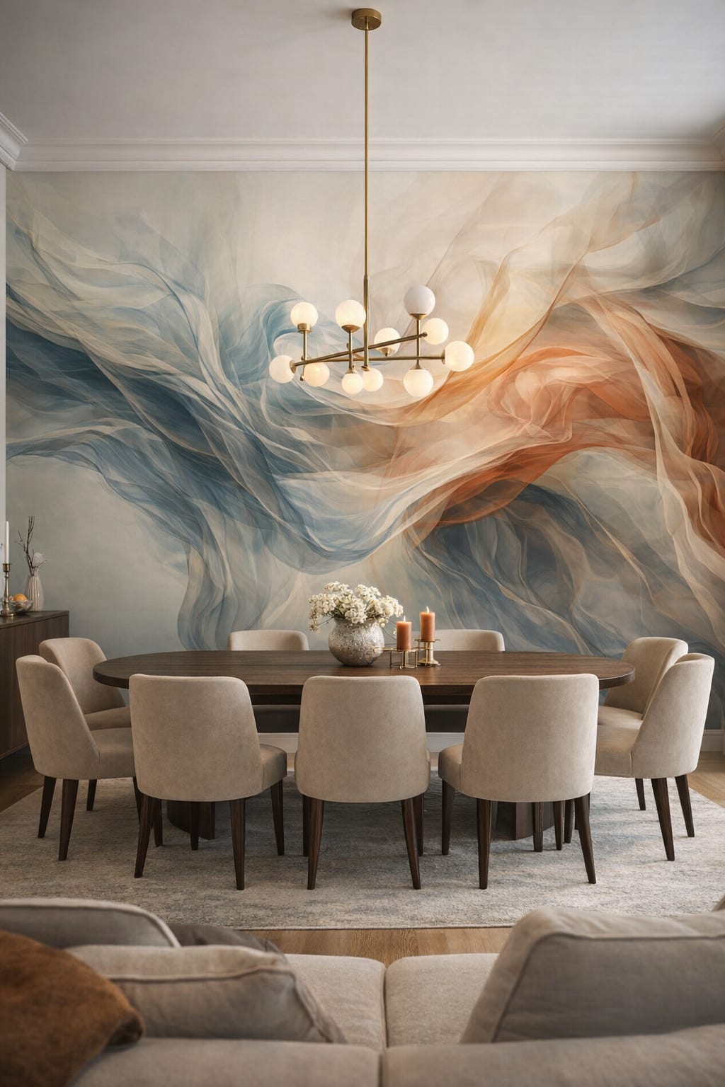Neutral warm-white abstract smoke featuring fluid waves - Wall Mural Peel and Stick Wallpaper for Luxury Contemporary Formal Dining Room.