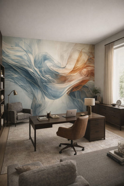 Modern (Modernist), warm off-white abstract smoke featuring fluid waves - Wall Mural Peel and Stick Wallpaper for Modern (Modernist) Executive Home Office.
