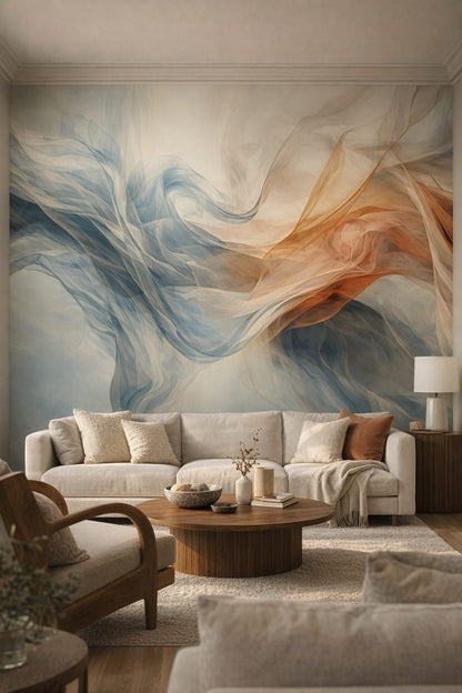 Organic Modern cream-toned abstract smoke featuring sheer fabric - Wall Mural Peel and Stick Wallpaper for Organic Modern Living Room.