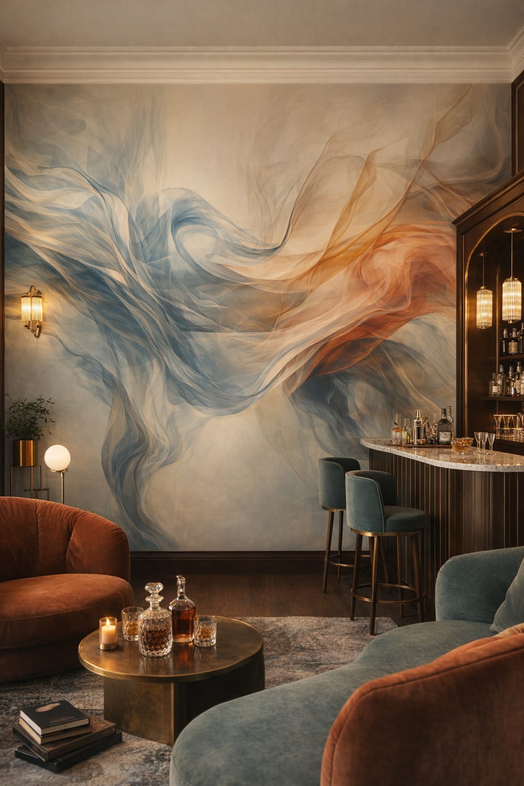 Art Deco black-gold abstract smoke featuring sheer fabric - Wall Mural Peel and Stick Wallpaper for Art Deco Bar/Lounge.