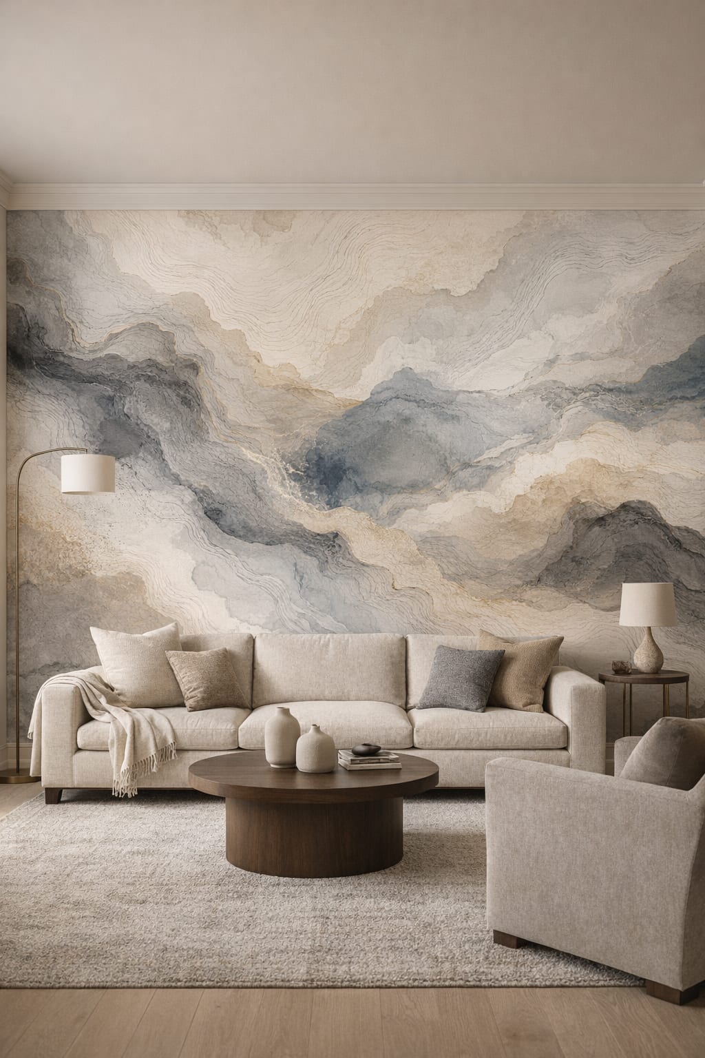 Greige understated abstract topography - Wall Mural Peel and Stick Wallpaper for Quiet Luxury Living Room.
