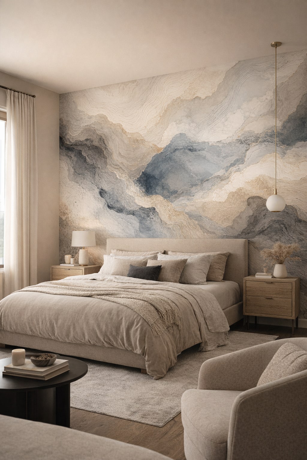 Cream-toned modern abstract topography - Wall Mural Peel and Stick Wallpaper for Organic Modern Master Bedroom.