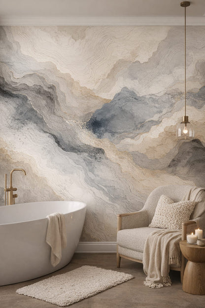 Refined cream-toned abstract topography - Wall Mural Peel and Stick Wallpaper for Modern Classic Luxury Bathroom.