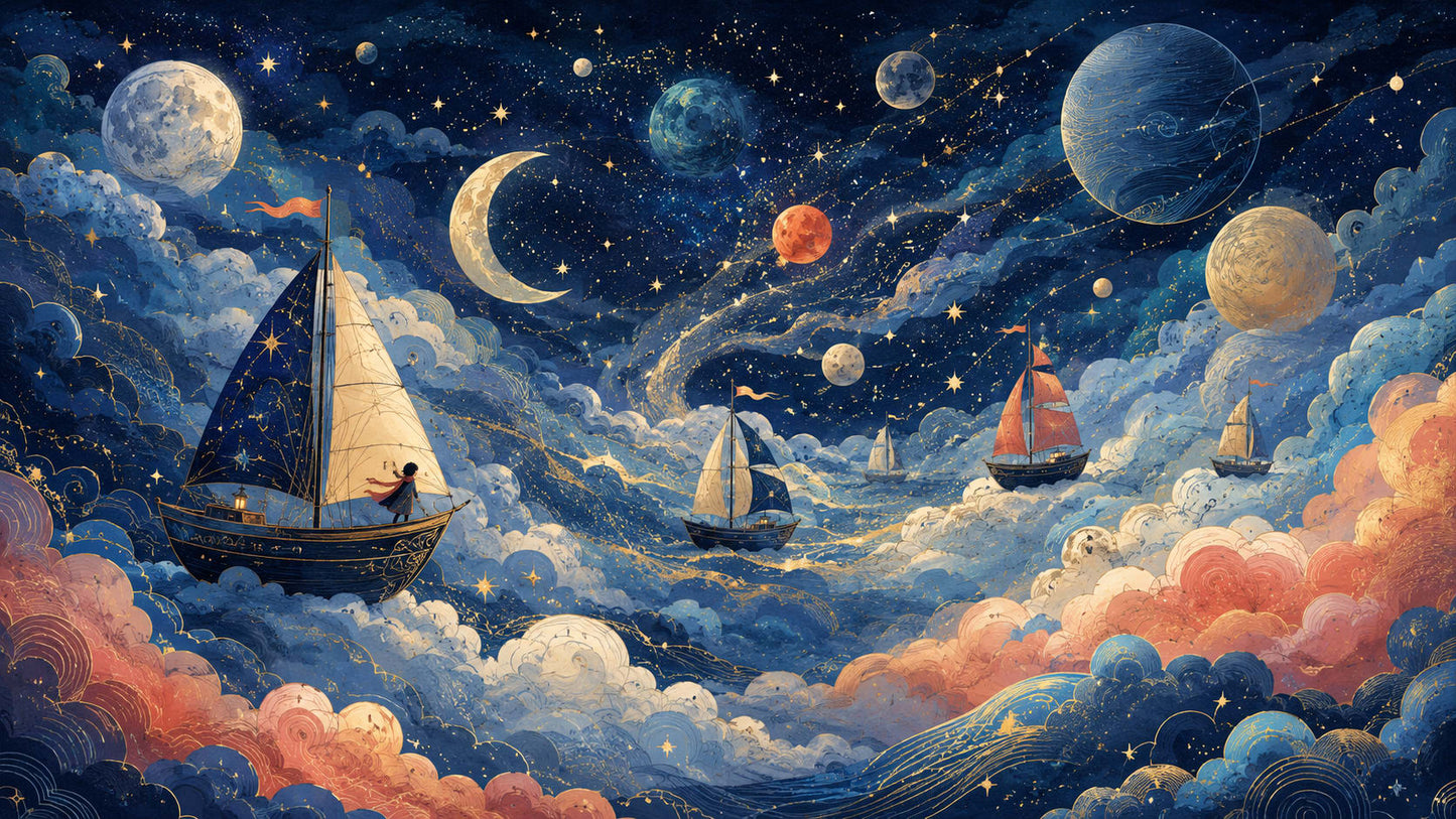 Whimsical celestial Navy Blue sailboats featuring celestial sky and planets - Wall Mural & Peel and Stick Wallpaper for Illustrated Nursery or Kids Room