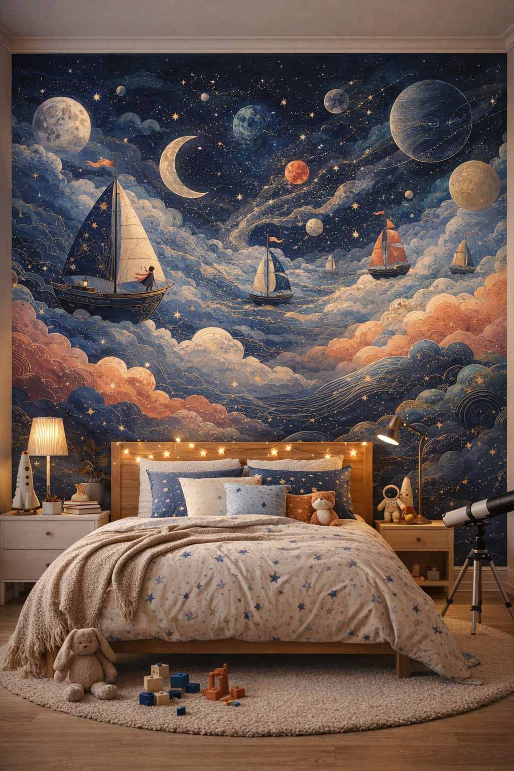 Navy celestial sailboats featuring planets - Wall Mural Peel and Stick Wallpaper for Outer Space / Celestial Kids Bedroom.