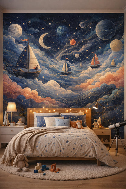 Navy celestial sailboats featuring planets - Wall Mural Peel and Stick Wallpaper for Outer Space / Celestial Kids Bedroom.