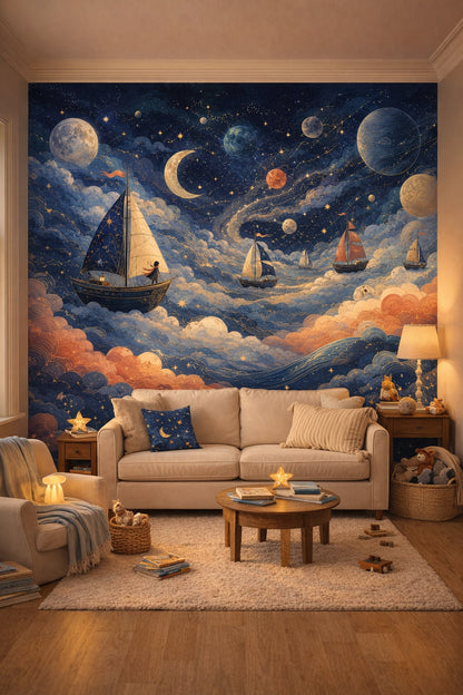 Dusty rose Classic Storybook sailboats featuring planets - Wall Mural Peel and Stick Wallpaper for Classic Storybook Reading Corner.