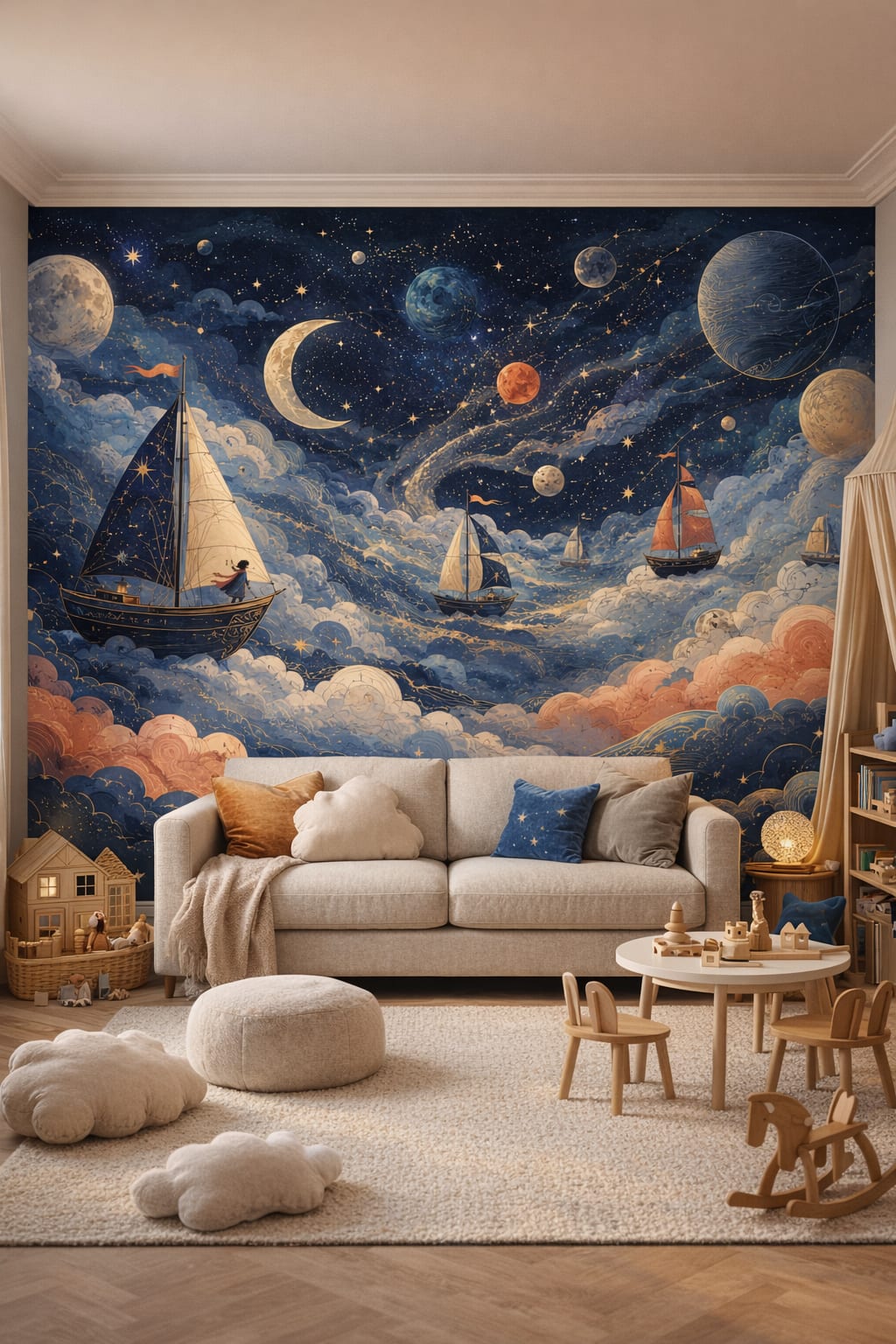 Birch-white Scandi Kids sailboats featuring planets - Wall Mural Peel and Stick Wallpaper for Scandi Kids Playroom.