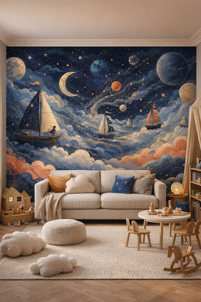 Birch-white Scandi Kids sailboats featuring planets - Wall Mural Peel and Stick Wallpaper for Scandi Kids Playroom.