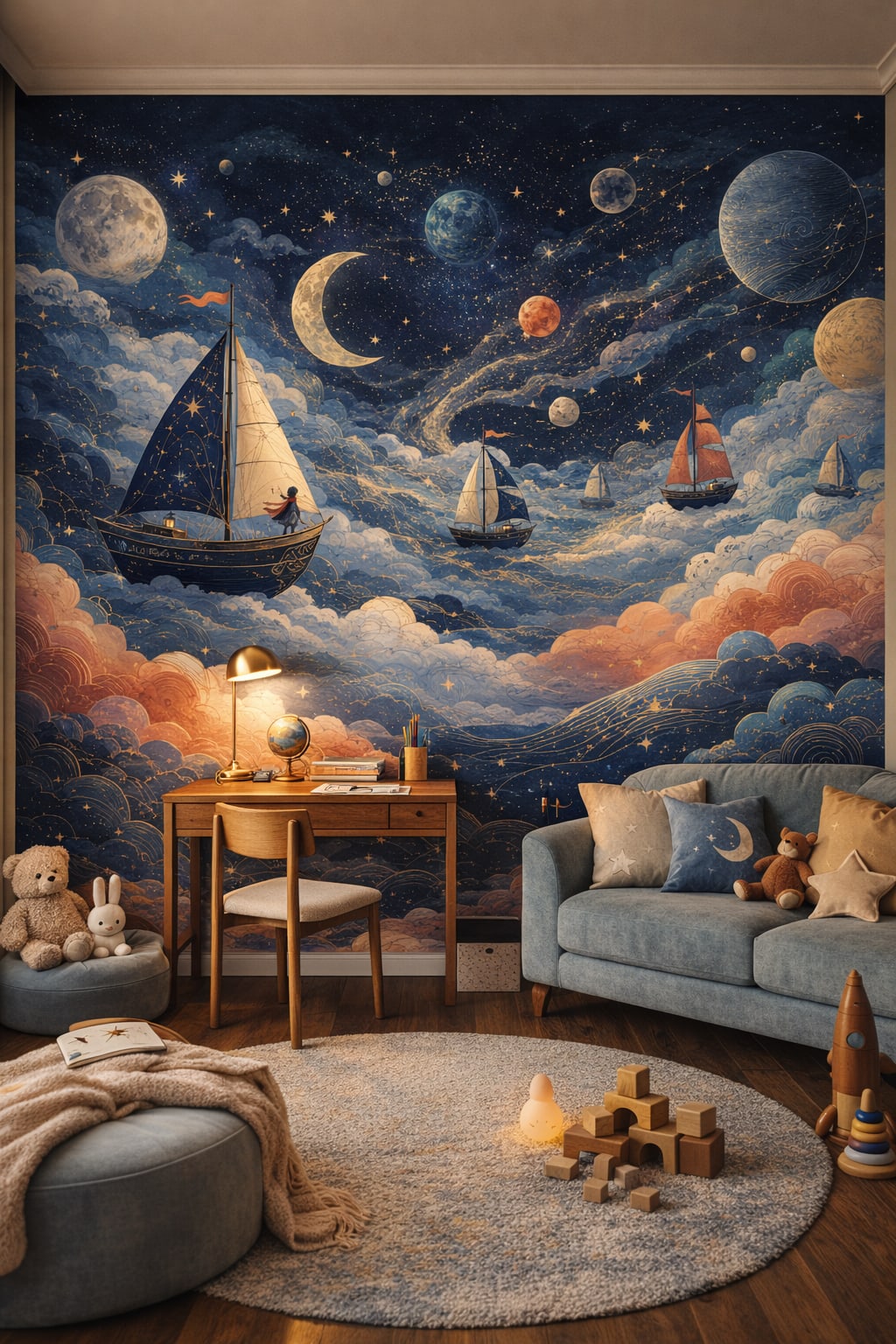 Mid-century teal sailboats featuring planets - Wall Mural Peel and Stick Wallpaper for Mid-century Kids Homework / Study Corner.
