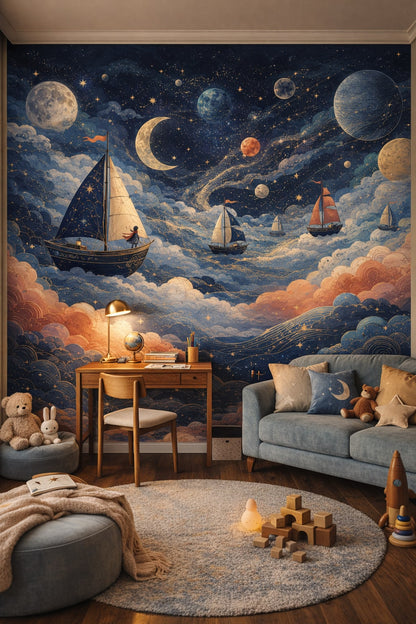 Mid-century teal sailboats featuring planets - Wall Mural Peel and Stick Wallpaper for Mid-century Kids Homework / Study Corner.