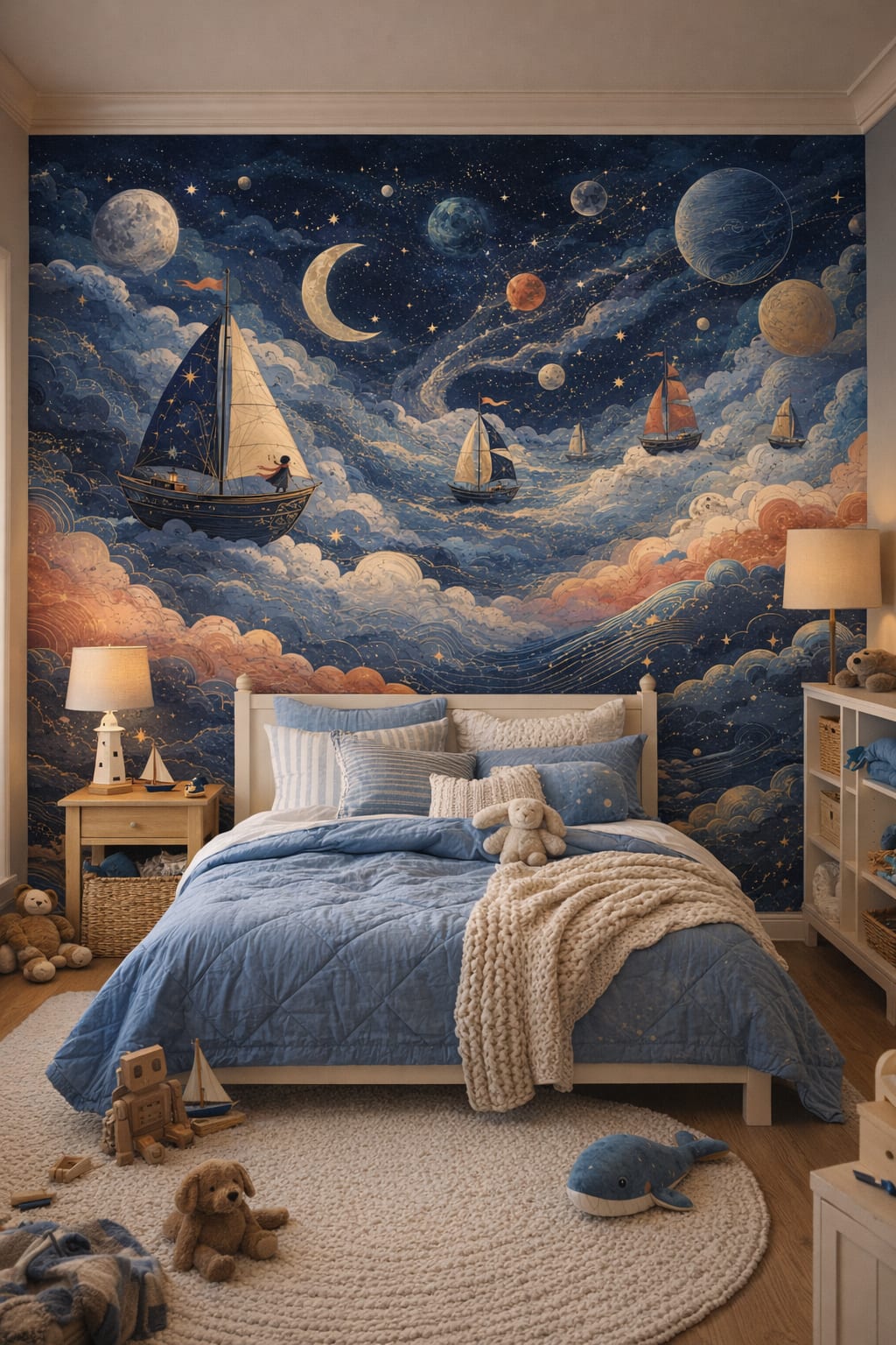 Coastal Kids sky blue sailboats featuring planets - Wall Mural Peel and Stick Wallpaper for Coastal Kids Kids Bedroom.