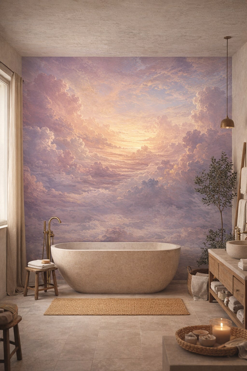 Muted earth-tone Wabi-sabi cloudscape - Wall Mural Peel and Stick Wallpaper for Wabi-sabi Luxury Bathroom.