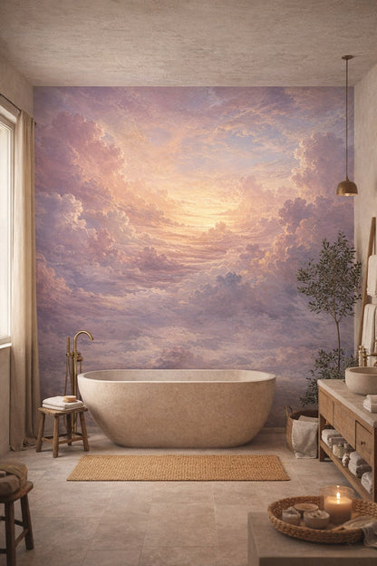 Muted earth-tone Wabi-sabi cloudscape - Wall Mural Peel and Stick Wallpaper for Wabi-sabi Luxury Bathroom.