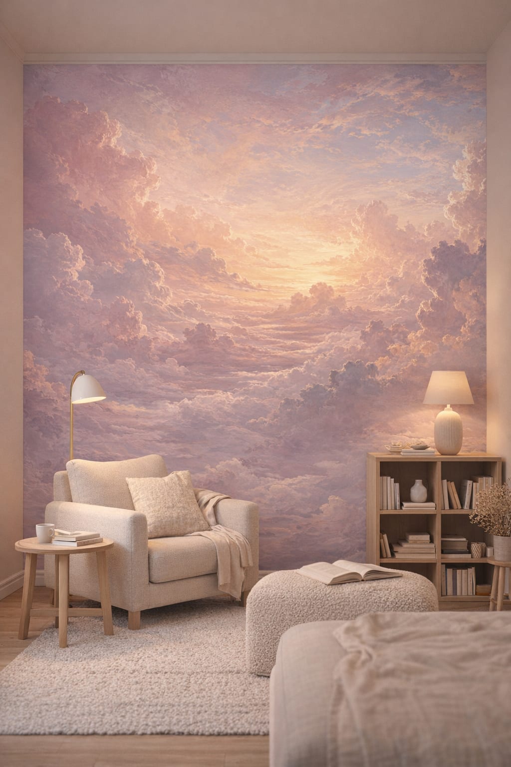Scandinavian white cloudscape - Wall Mural Peel and Stick Wallpaper for Scandinavian Reading Corner.