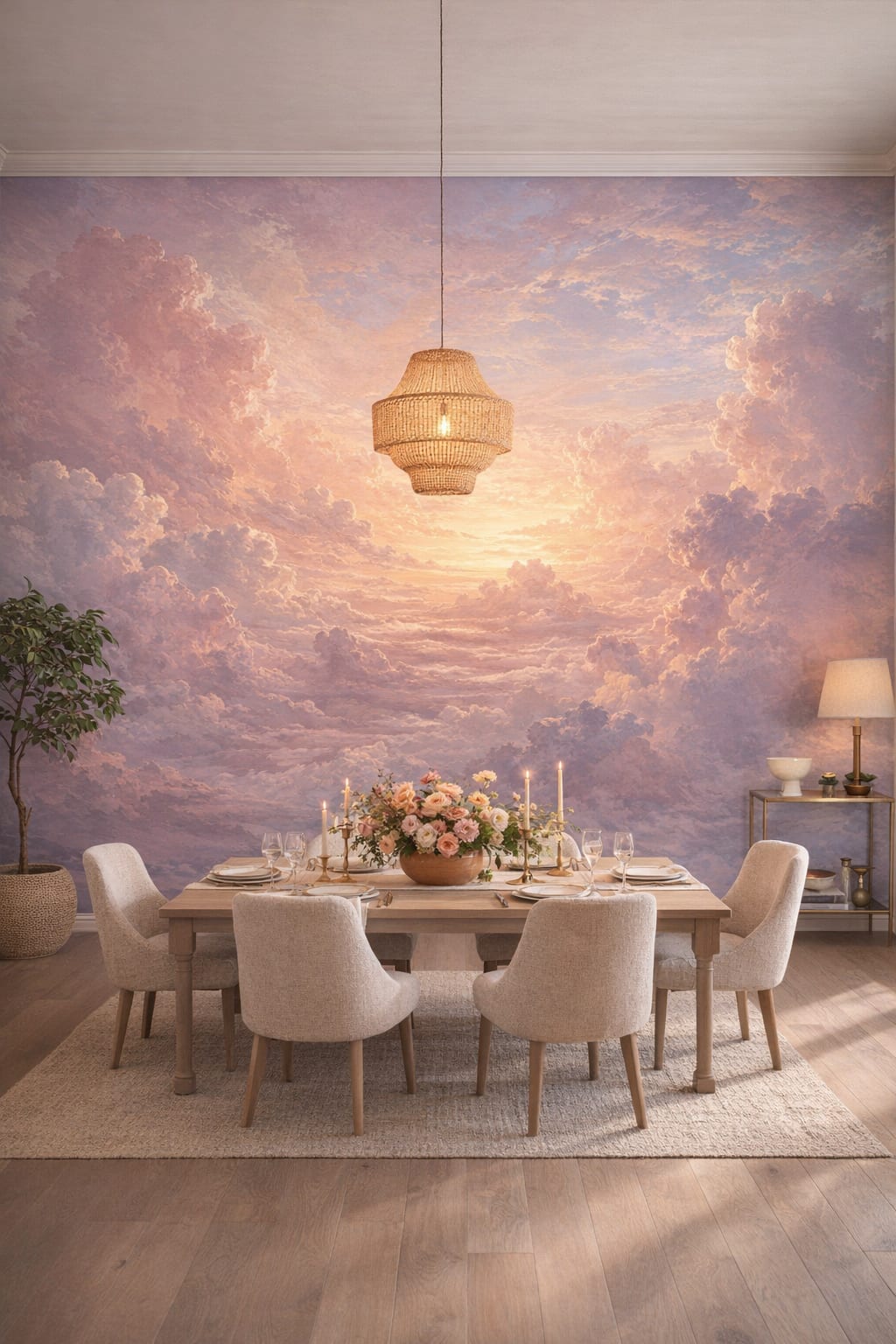 Green neutral cloudscape - Wall Mural Peel and Stick Wallpaper for Biophilic Design Formal Dining Room.