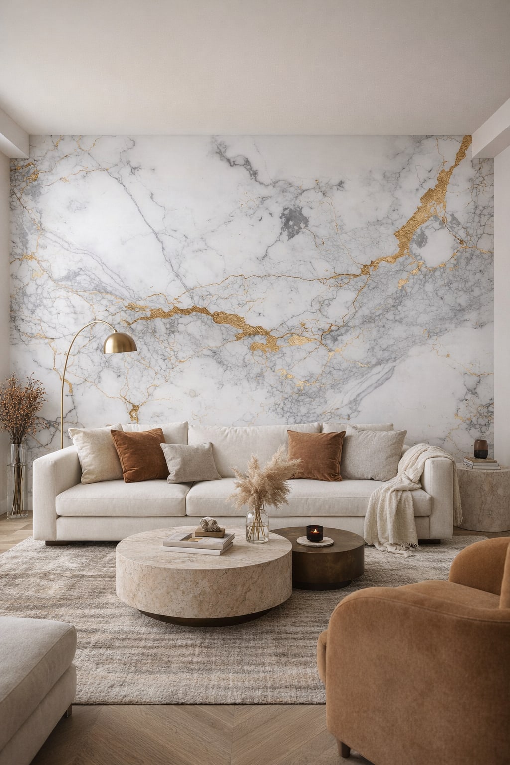 Luxury Contemporary neutral-stone white marble featuring gold veining - Wall Mural Peel and Stick Wallpaper for Luxury Contemporary Living Room.