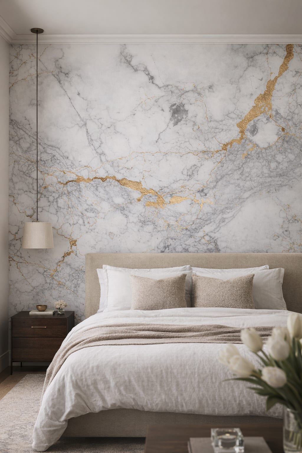 Greige Quiet Luxury white marble featuring gold veining - Wall Mural Peel and Stick Wallpaper for Quiet Luxury Master Bedroom.