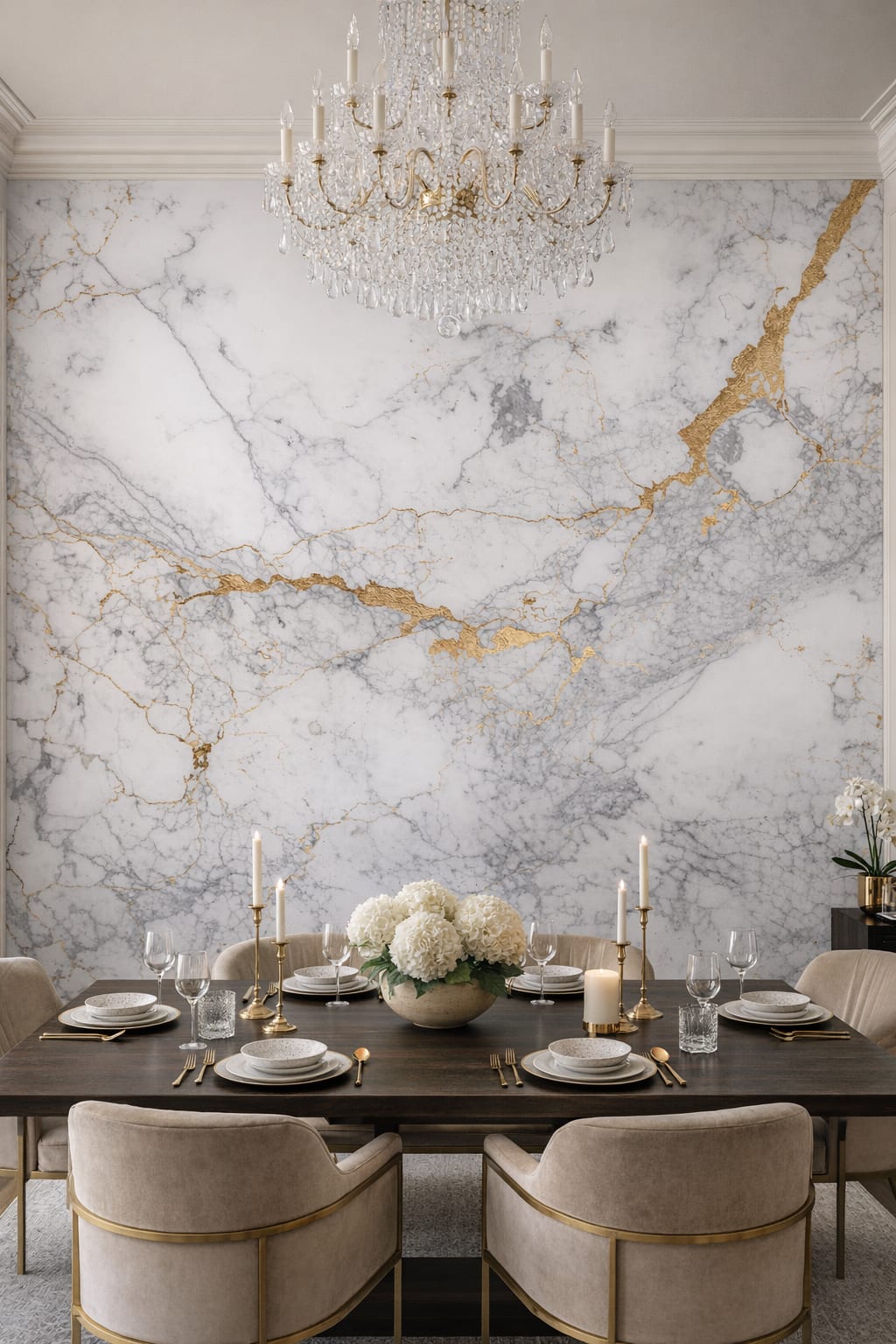 Modern Classic cream-toned white marble featuring gold veining - Wall Mural Peel and Stick Wallpaper for Modern Classic Formal Dining Room.