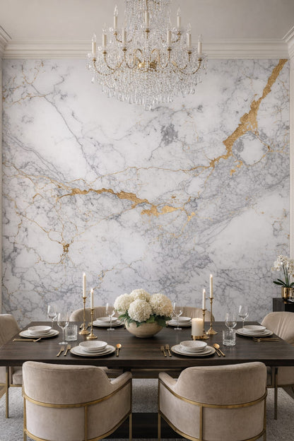 Modern Classic cream-toned white marble featuring gold veining - Wall Mural Peel and Stick Wallpaper for Modern Classic Formal Dining Room.