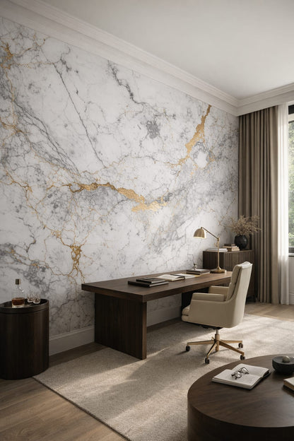 International Style monochrome white marble featuring gold veining - Wall Mural Peel and Stick Wallpaper for International Style Executive Home Office.