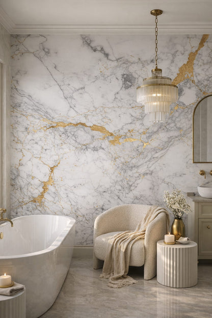 Art Deco black-gold white marble featuring gold veining - Wall Mural Peel and Stick Wallpaper for Art Deco Luxury Bathroom.
