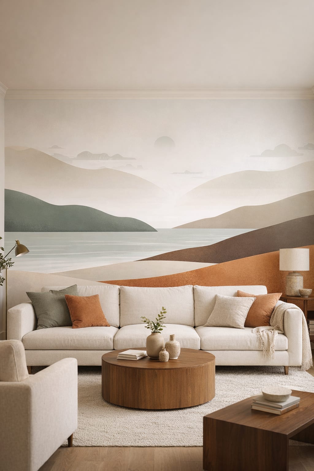 Modern cream abstract landscape featuring layered hills - Wall Mural Peel and Stick Wallpaper for Organic Modern Living Room.