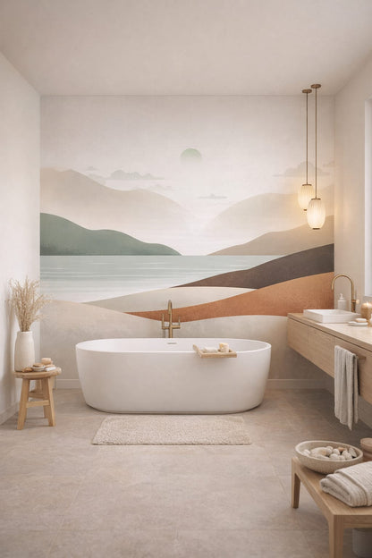 Zen neutral abstract landscape featuring layered hills - Wall Mural Peel and Stick Wallpaper for Zen Luxury Bathroom.