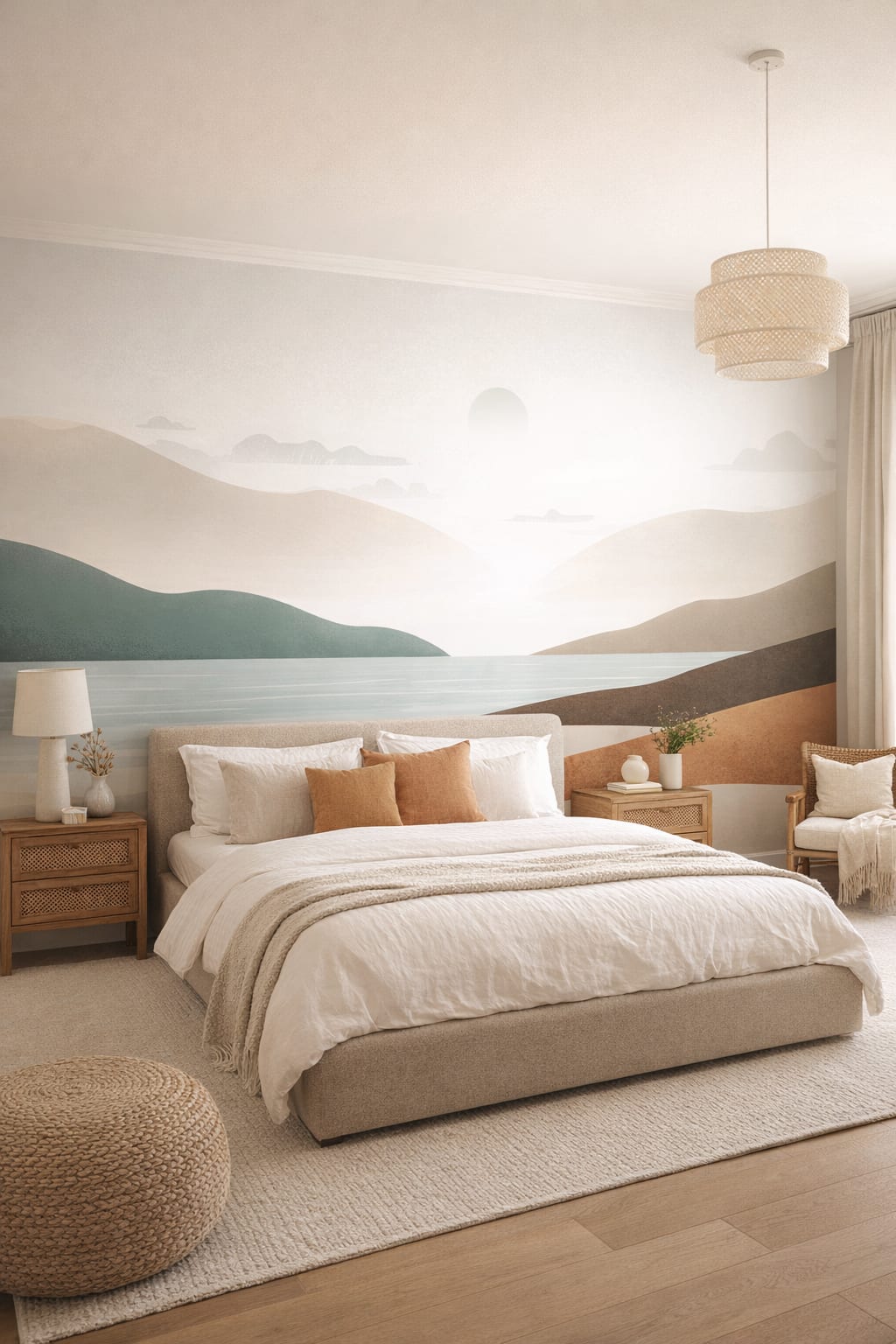 Coastal sand-toned abstract landscape featuring sun - Wall Mural Peel and Stick Wallpaper for Coastal Master Bedroom.