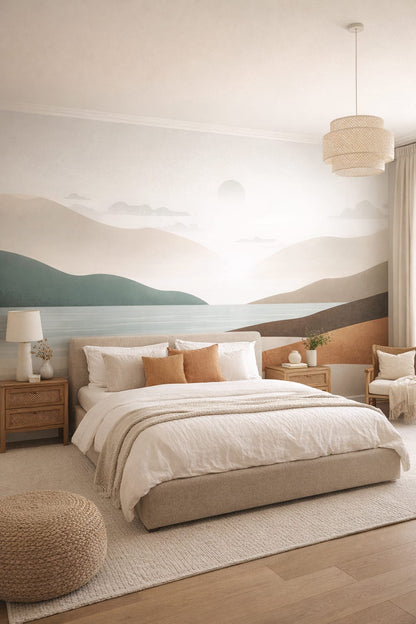 Coastal sand-toned abstract landscape featuring sun - Wall Mural Peel and Stick Wallpaper for Coastal Master Bedroom.