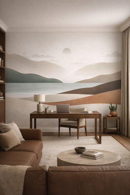 Clay-toned Desert Modern abstract landscape featuring sun - Wall Mural Peel and Stick Wallpaper for Desert Modern Executive Home Office.