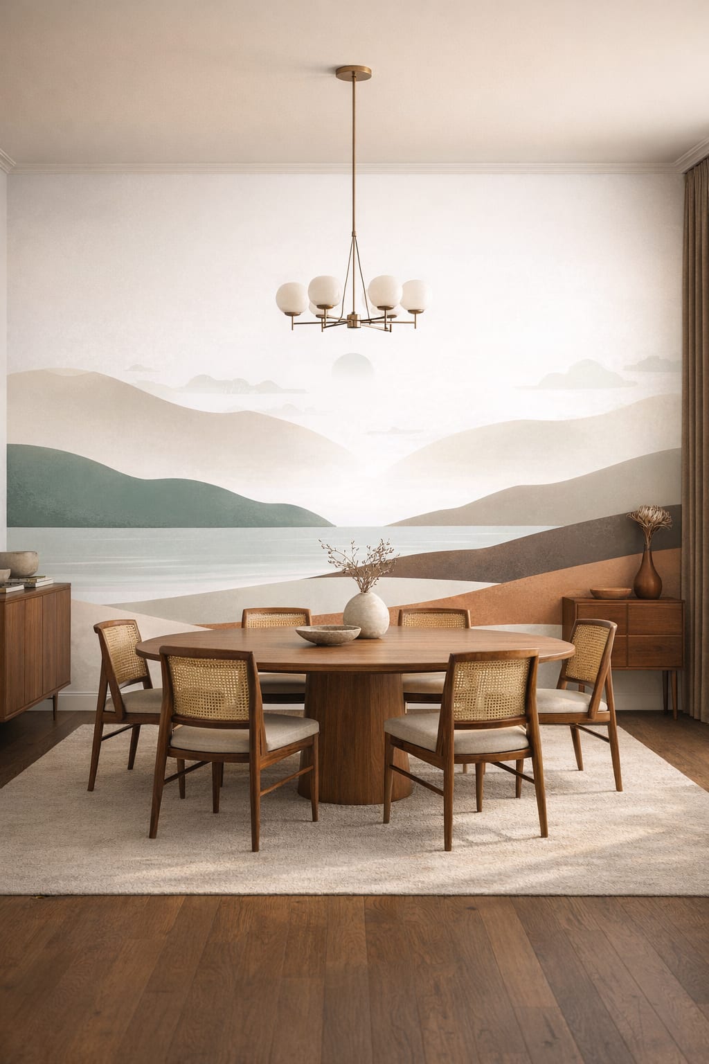 Modernist green abstract landscape featuring sun - Wall Mural Peel and Stick Wallpaper for Brazilian Modernism Formal Dining Room.