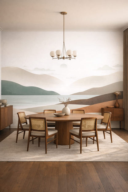 Modernist green abstract landscape featuring sun - Wall Mural Peel and Stick Wallpaper for Brazilian Modernism Formal Dining Room.