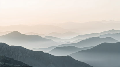 Atmospheric tranquil Blue Gray misty mountains featuring soft layered haze - Wall Mural & Peel and Stick Wallpaper for Painterly Interiors and Premium Home Styling