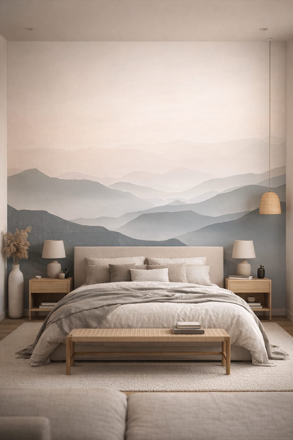 Japandi sand-toned misty mountains - Wall Mural Peel and Stick Wallpaper for Japandi Master Bedroom.