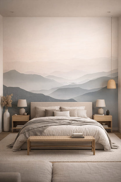 Japandi sand-toned misty mountains - Wall Mural Peel and Stick Wallpaper for Japandi Master Bedroom.