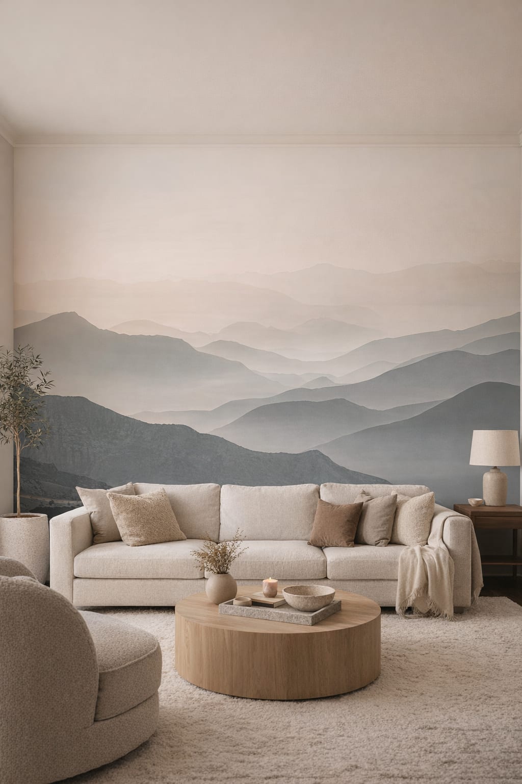 Organic Modern cream-toned misty mountains - Wall Mural Peel and Stick Wallpaper for Organic Modern Living Room.