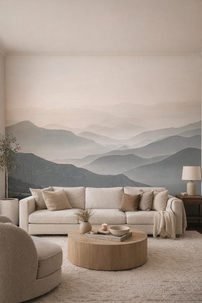 Organic Modern cream-toned misty mountains - Wall Mural Peel and Stick Wallpaper for Organic Modern Living Room.